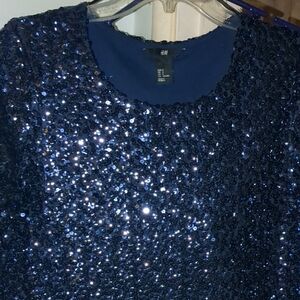 H&M Dark Navy Sequin Short Sleeve Tee